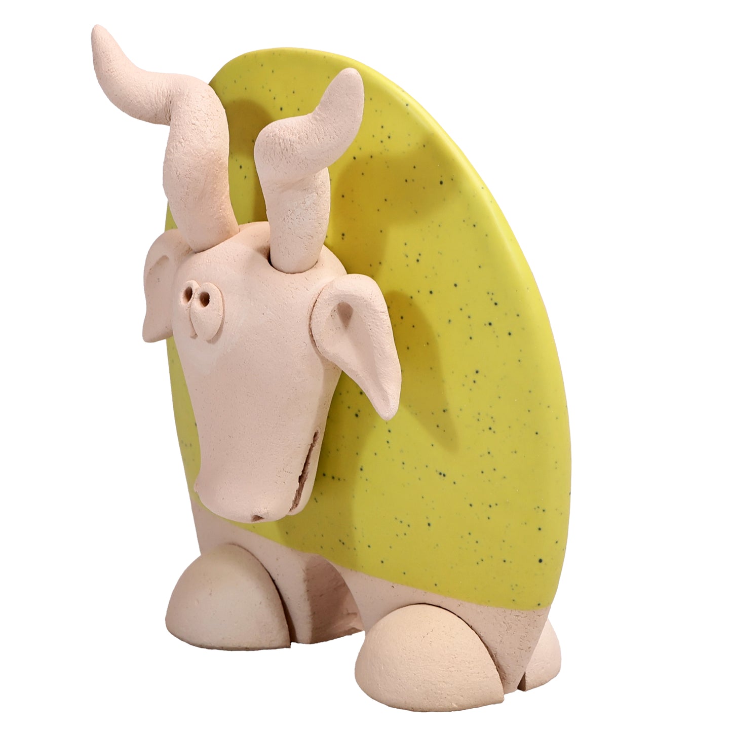 Handmade Ceramic Flat Goat Figurine in Turquoise, Lemon Yellow, White Daisy