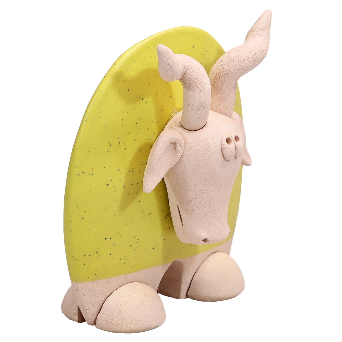 Handmade Ceramic Flat Goat Figurine in Turquoise, Lemon Yellow, White Daisy