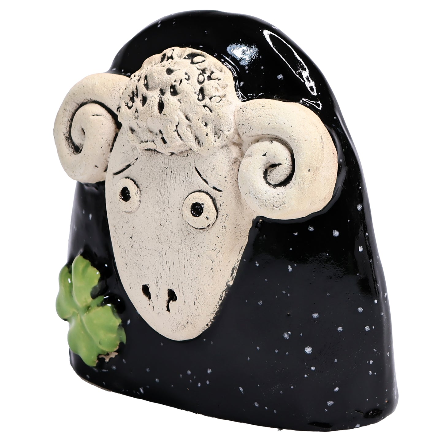 Charming Ceramic Ram with Four-Leaf Clover