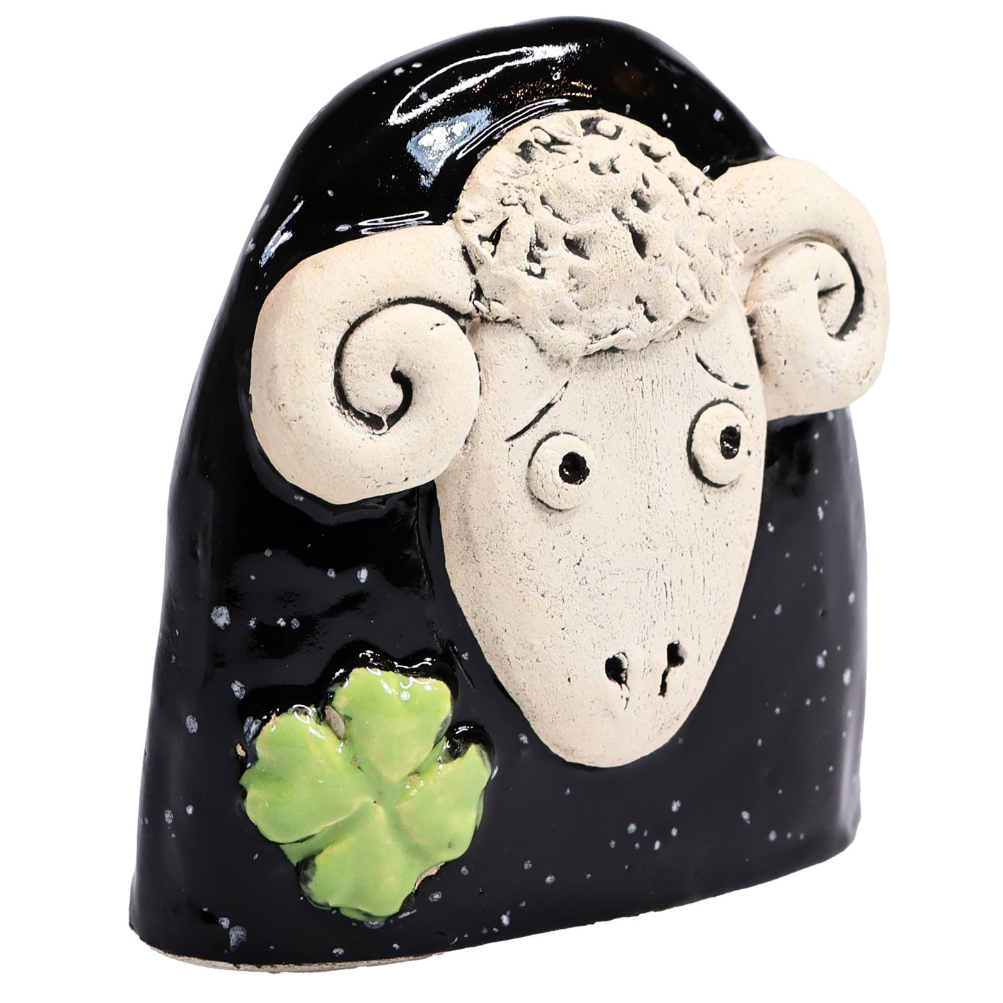 Charming Ceramic Ram with Four-Leaf Clover