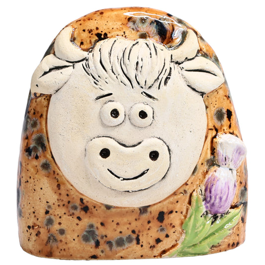 Charming Character of Handmade Ceramic Highland Cow with Thistle