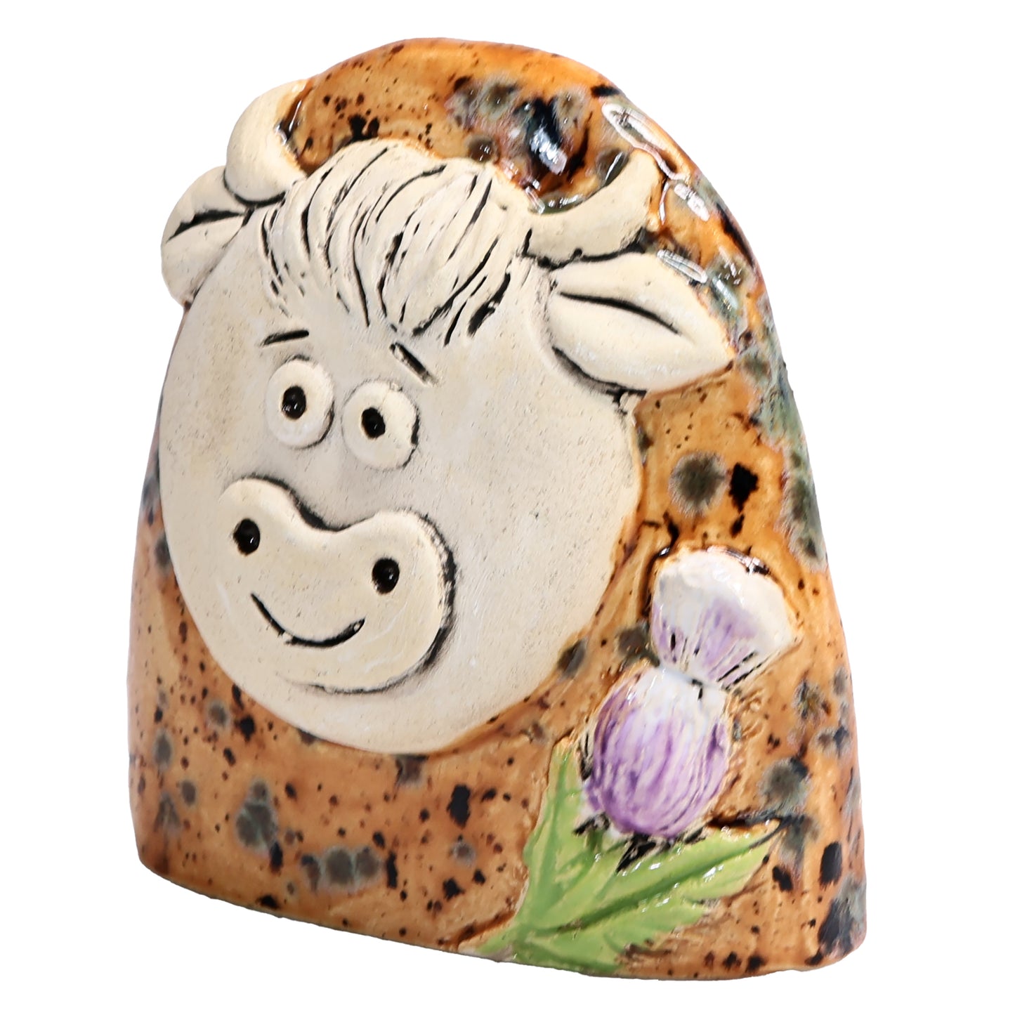 Charming Character of Handmade Ceramic Highland Cow with Thistle