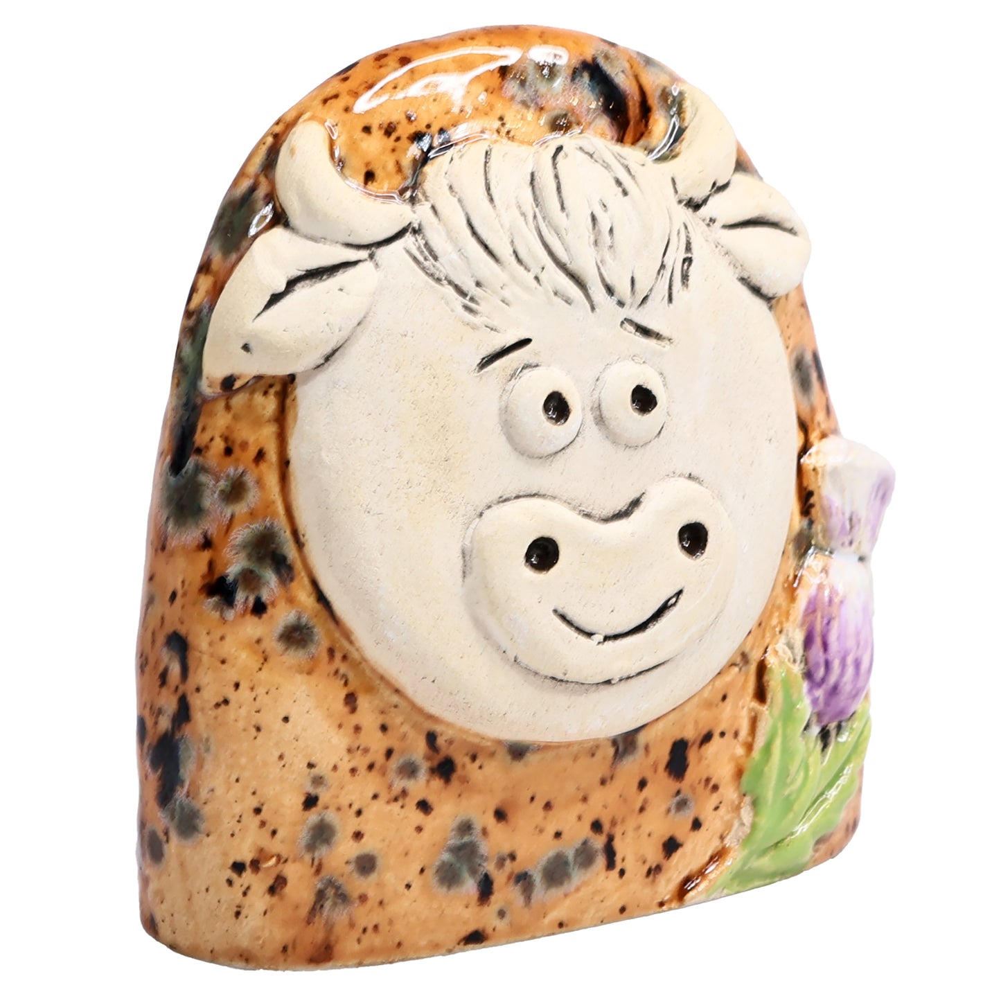 Charming Character of Handmade Ceramic Highland Cow with Thistle
