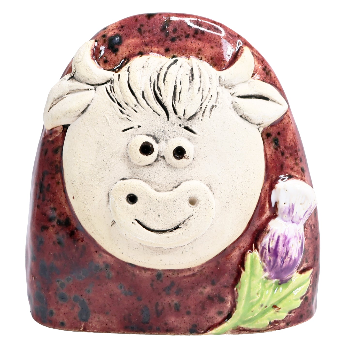 Charming Character of Handmade Ceramic Highland Cow with Thistle