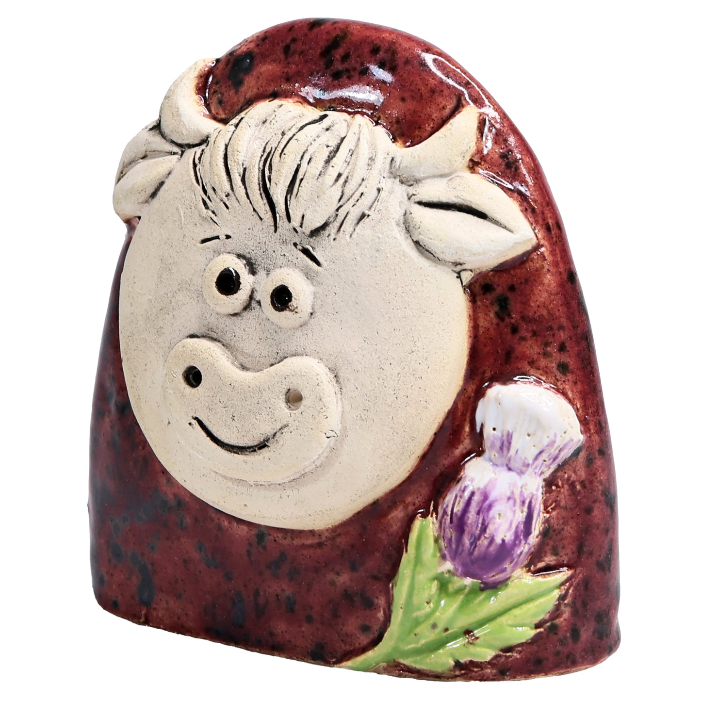 Charming Character of Handmade Ceramic Highland Cow with Thistle