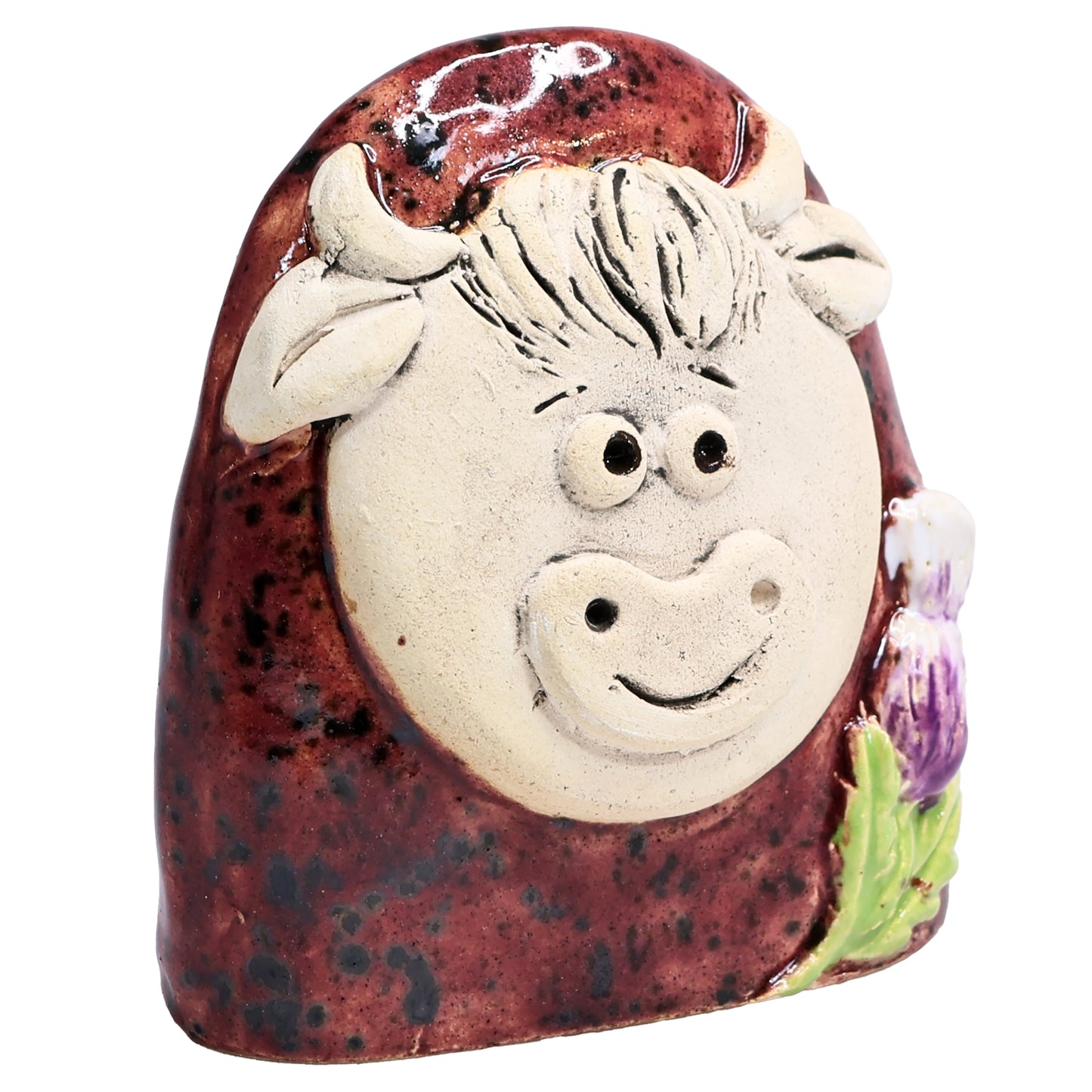Charming Character of Handmade Ceramic Highland Cow with Thistle