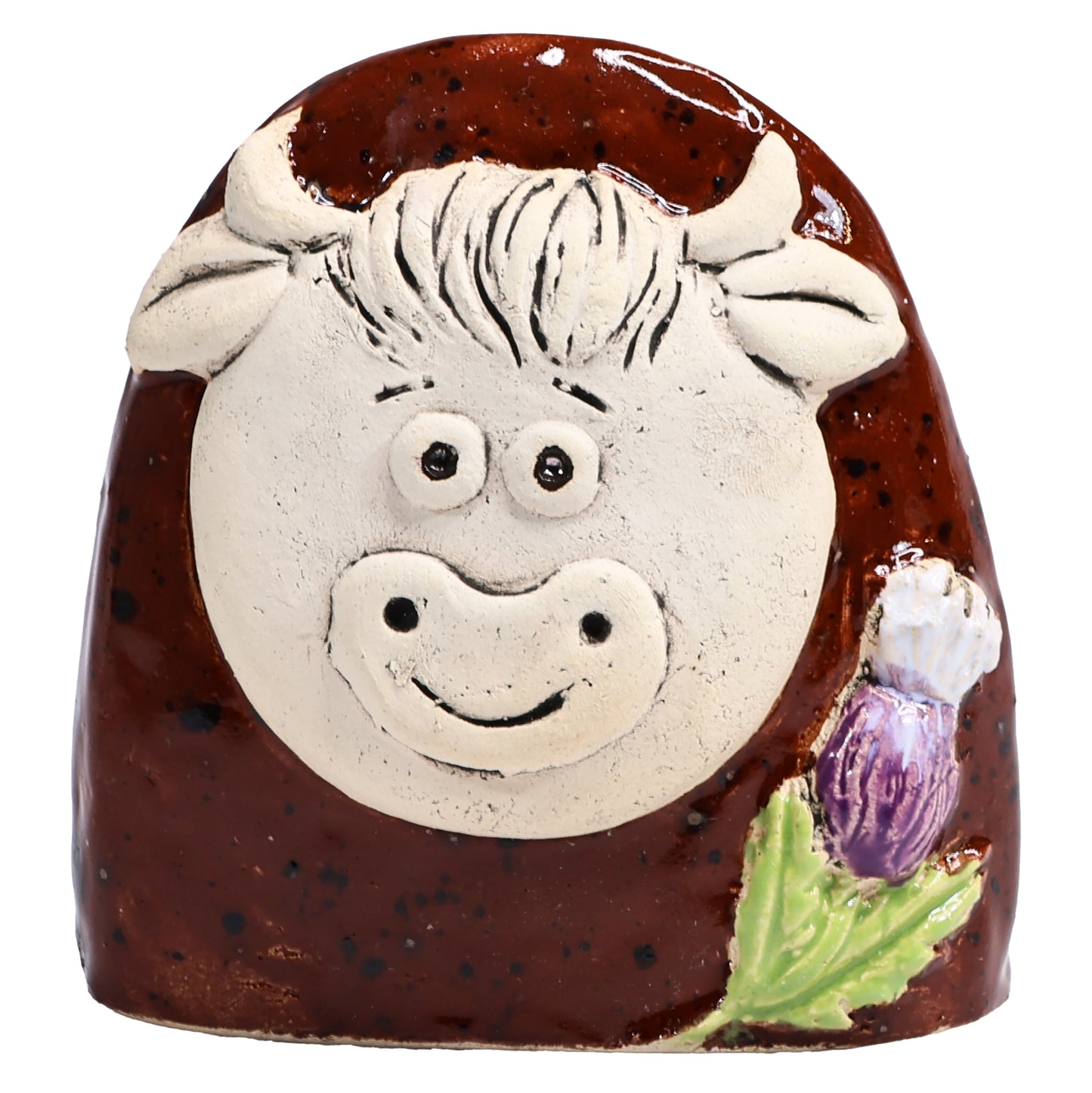 Charming Character of Handmade Ceramic Highland Cow with Thistle