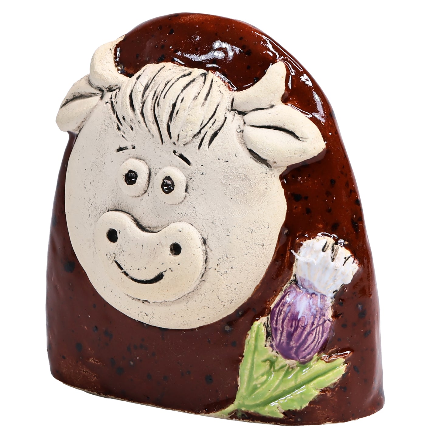 Charming Character of Handmade Ceramic Highland Cow with Thistle