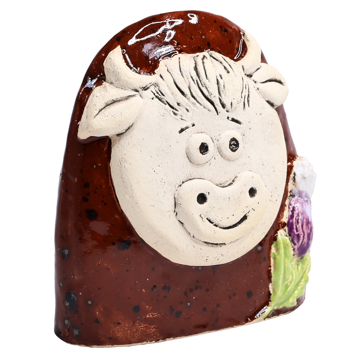 Charming Character of Handmade Ceramic Highland Cow with Thistle