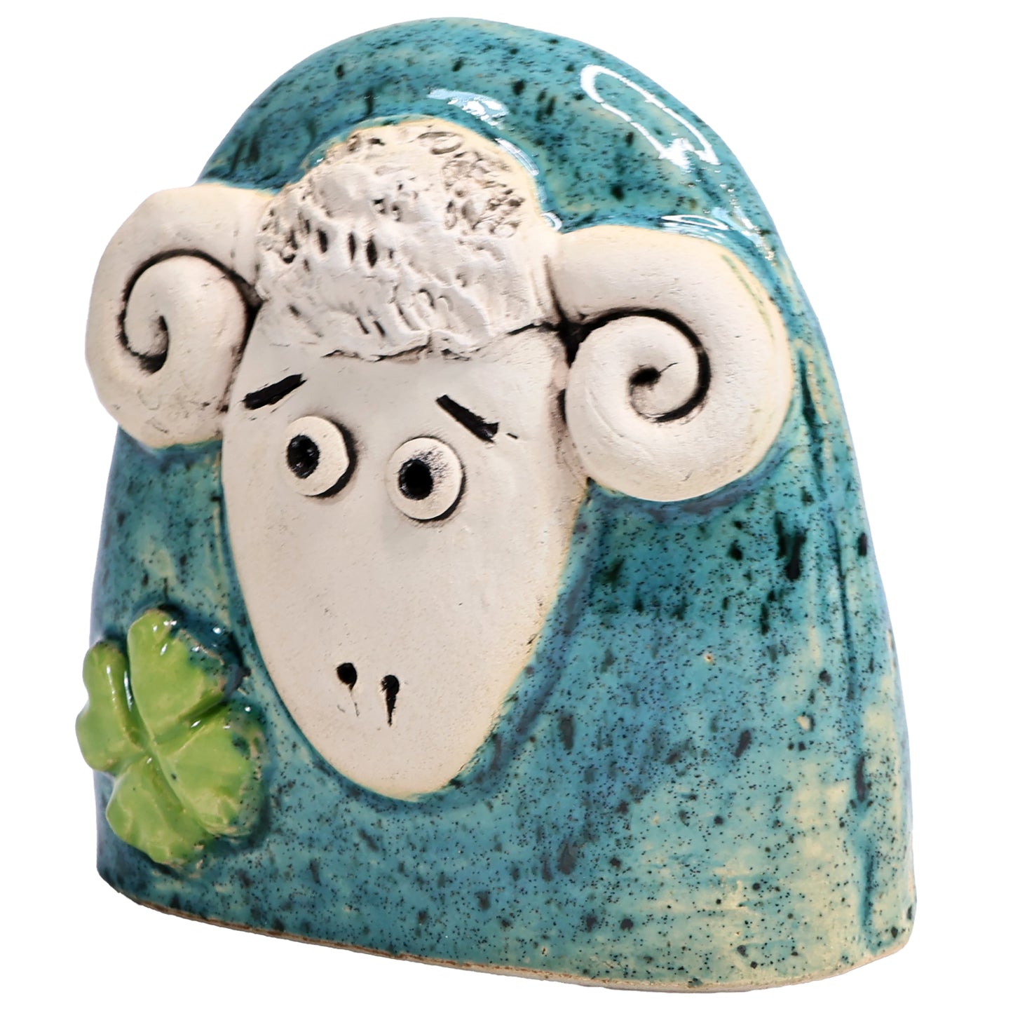 Charming Ceramic Ram with Four-Leaf Clover