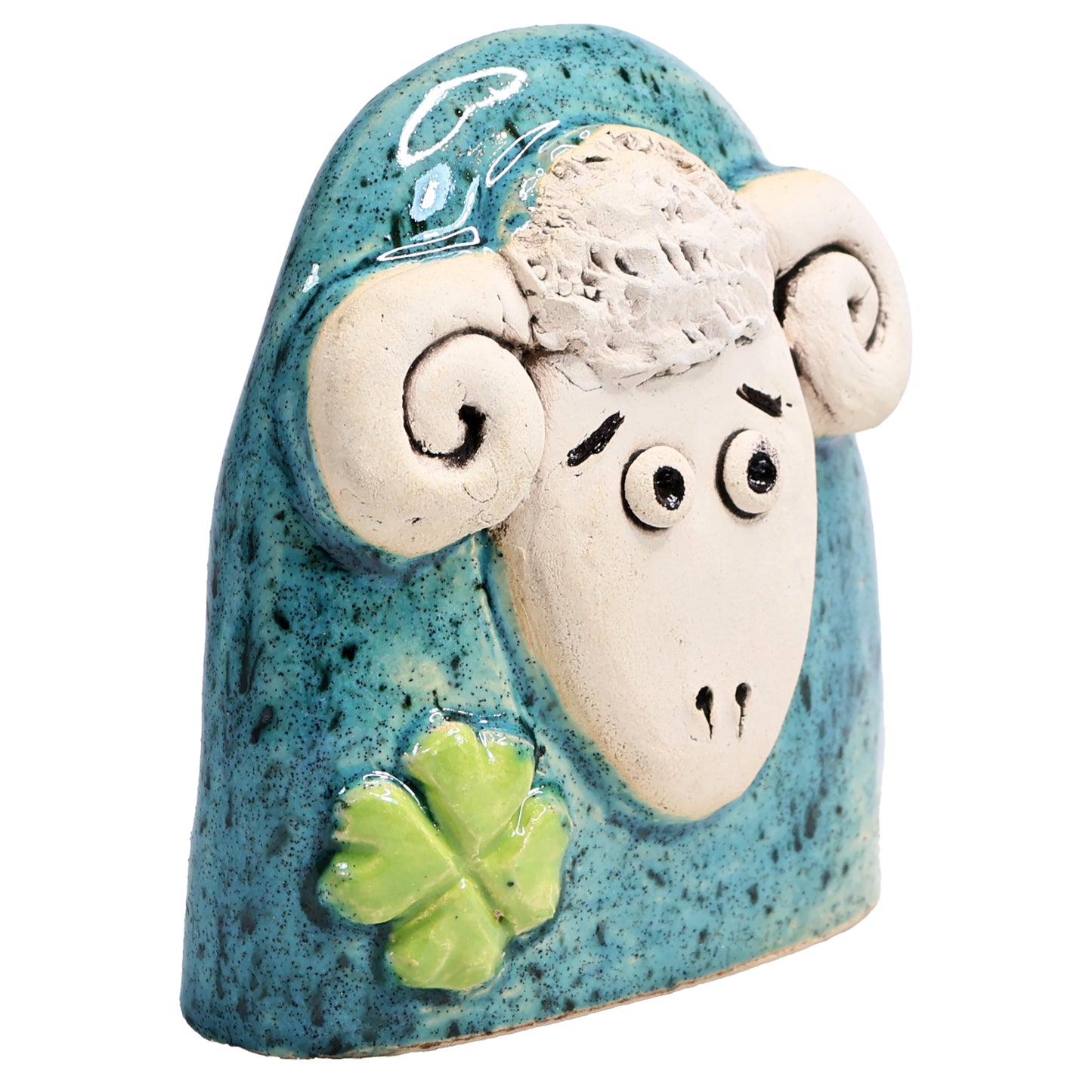 Charming Ceramic Ram with Four-Leaf Clover