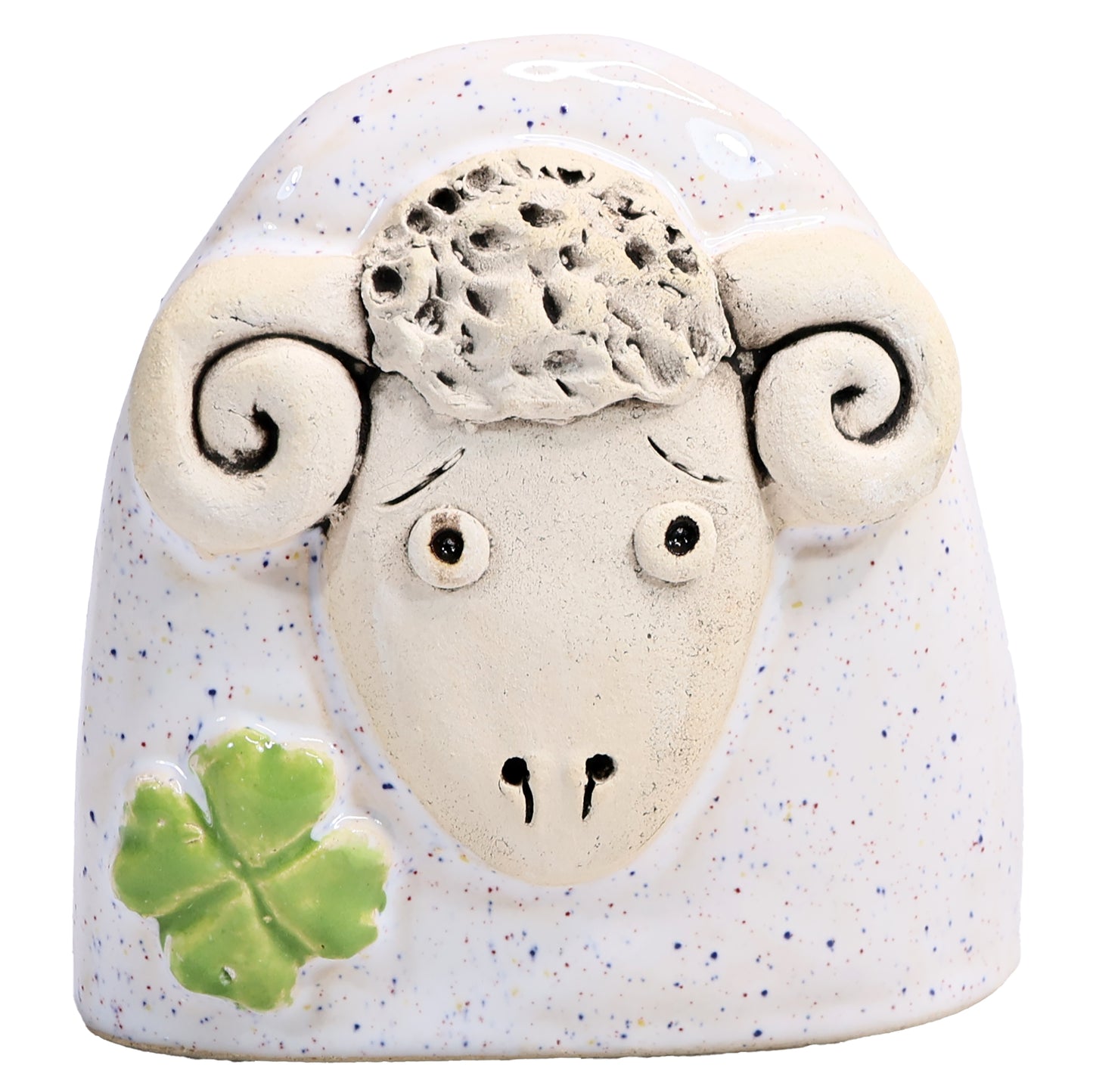 Charming Ceramic Ram with Four-Leaf Clover