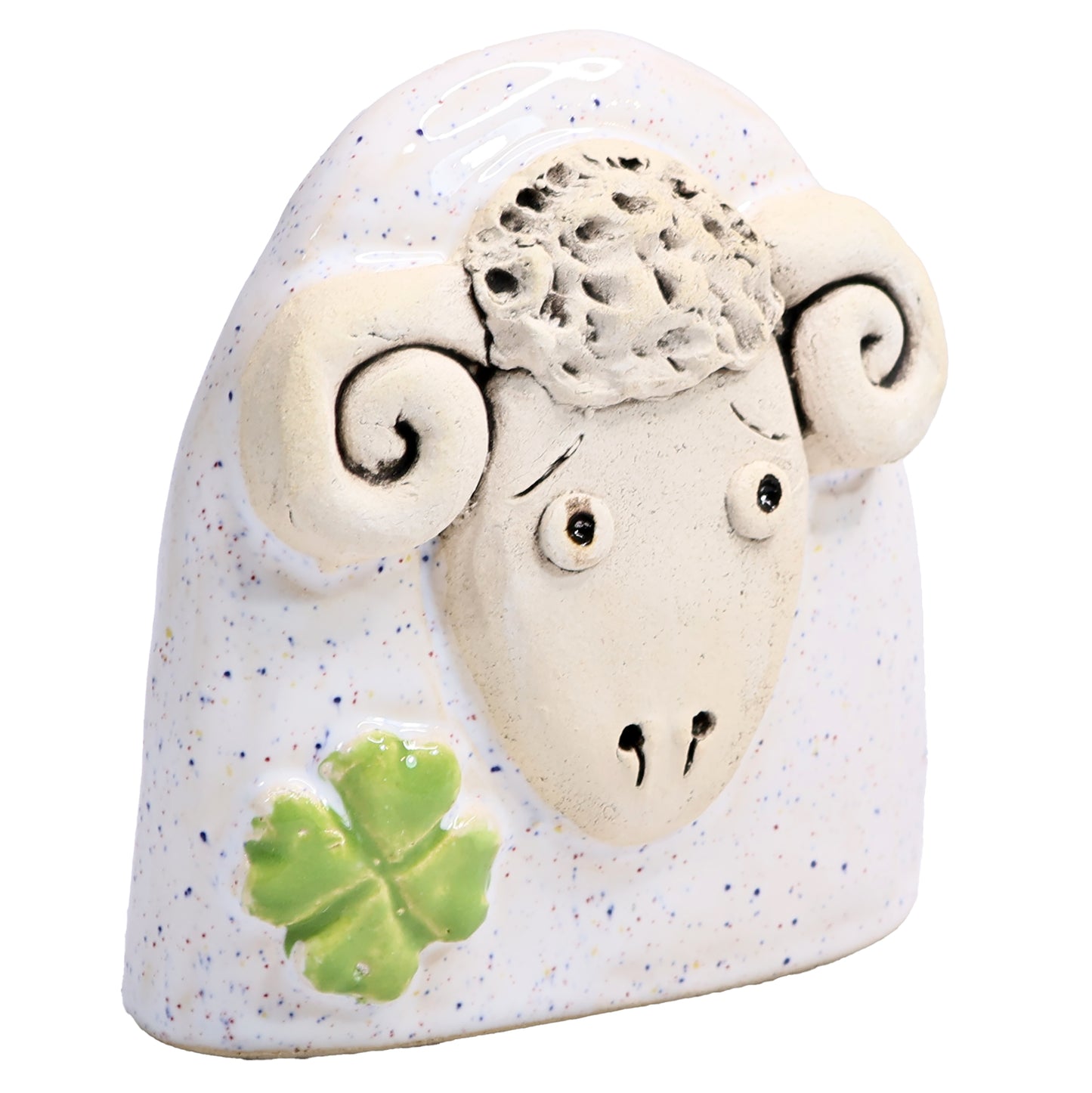Charming Ceramic Ram with Four-Leaf Clover