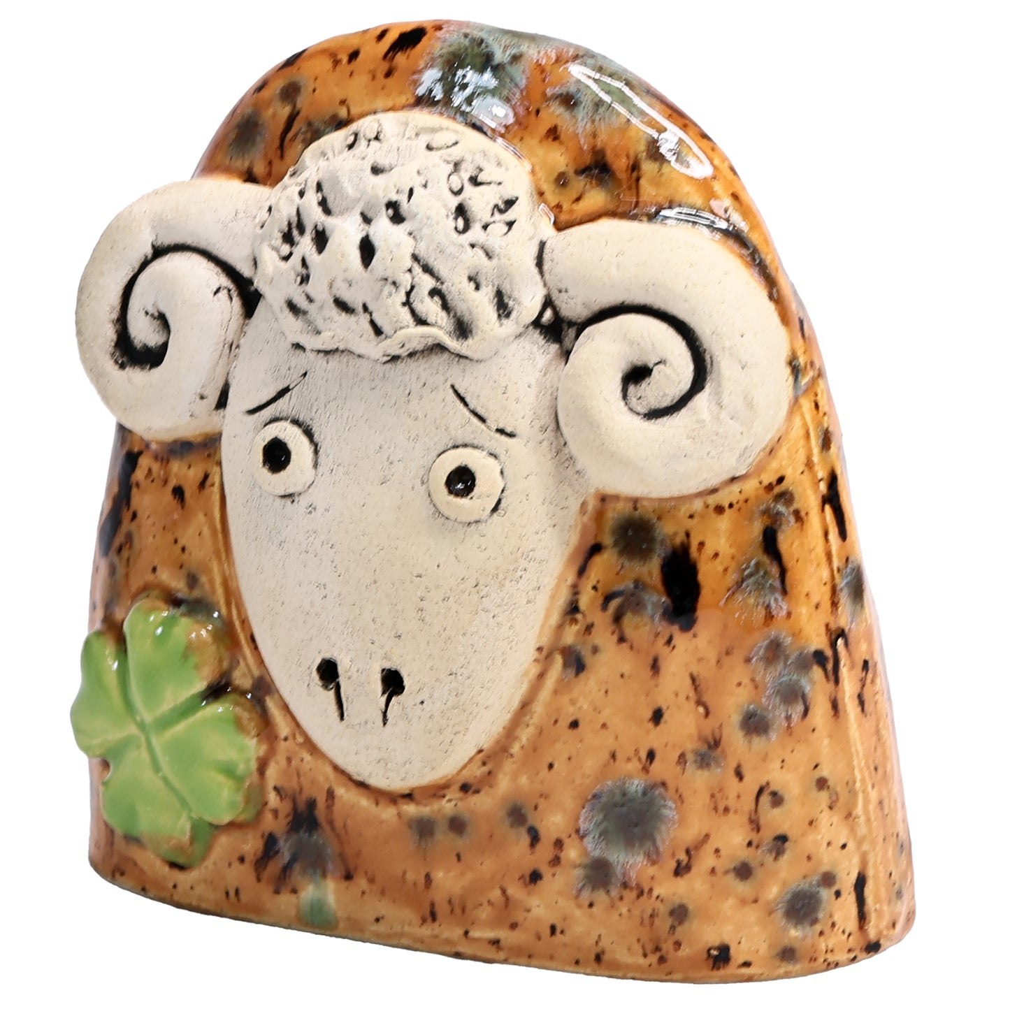 Charming Ceramic Ram with Four-Leaf Clover