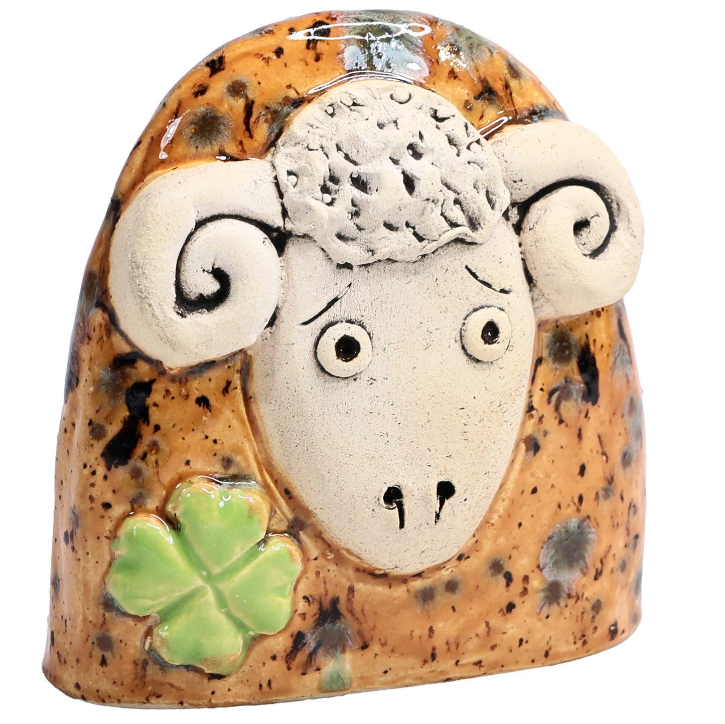 Charming Ceramic Ram with Four-Leaf Clover