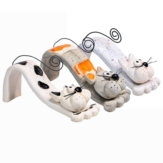 Handmade Ceramic Figurine of Playful Bendy Cat with Wire Tail