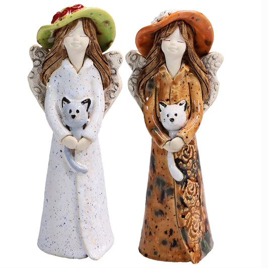 Handmade Ceramic Angel in Hat Holding Cat