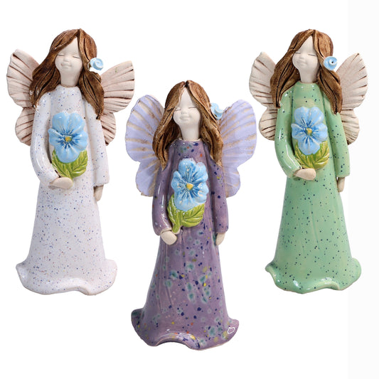 Handmade Ceramic Angel Holding Blue Forget-Me-Not