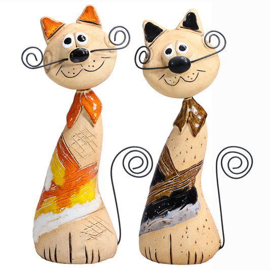 Handmade Ceramic Crazy Cat with Wire Whiskers and Tail