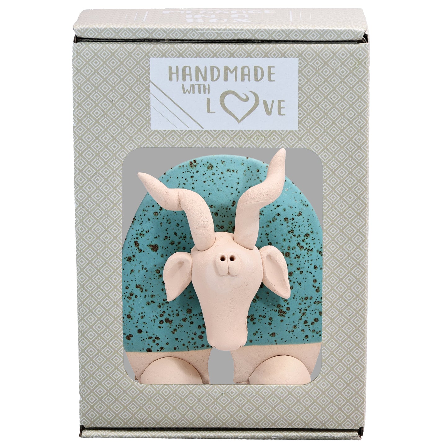 Handmade Ceramic Flat Goat Figurine in Turquoise, Lemon Yellow, White Daisy