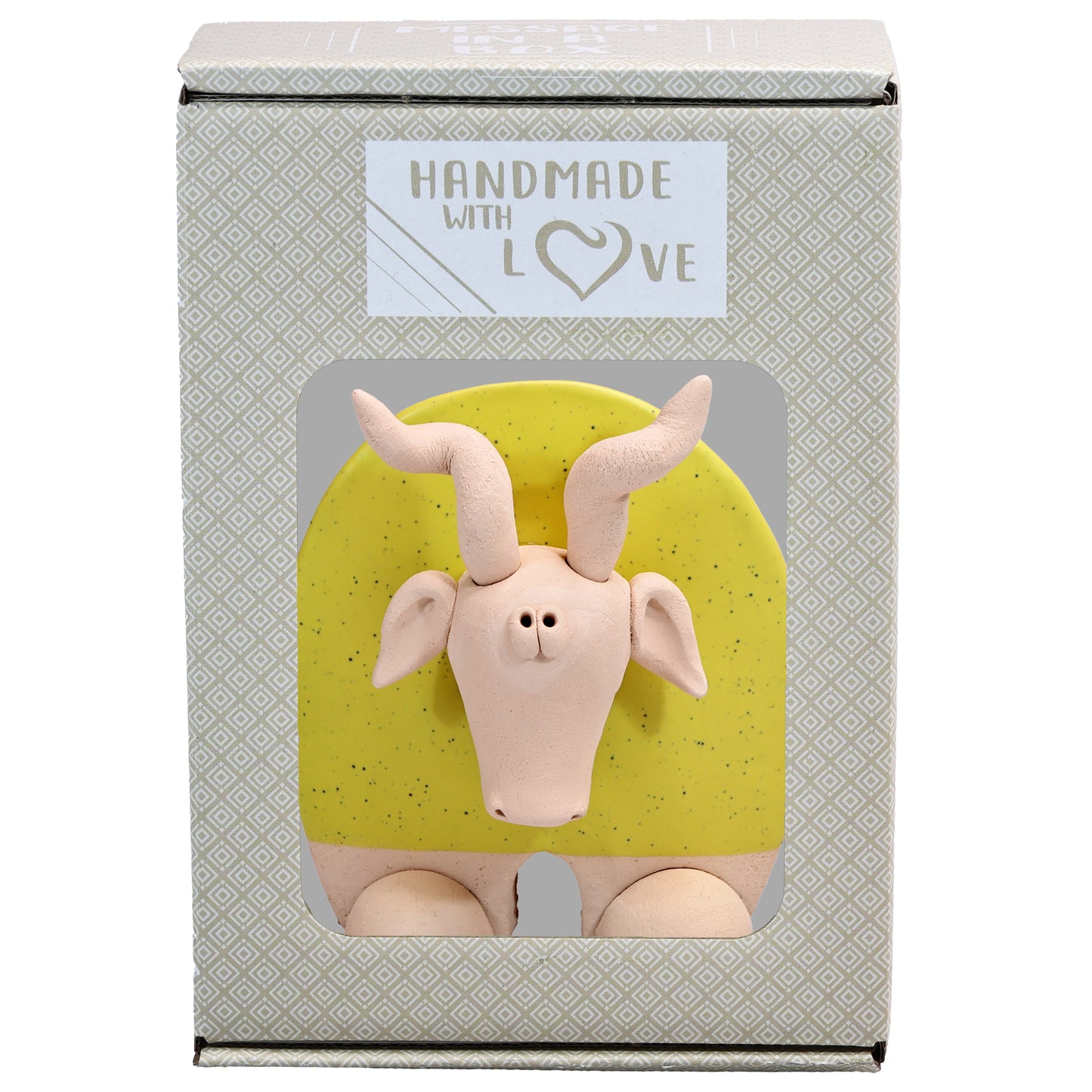 Handmade Ceramic Flat Goat Figurine in Turquoise, Lemon Yellow, White Daisy