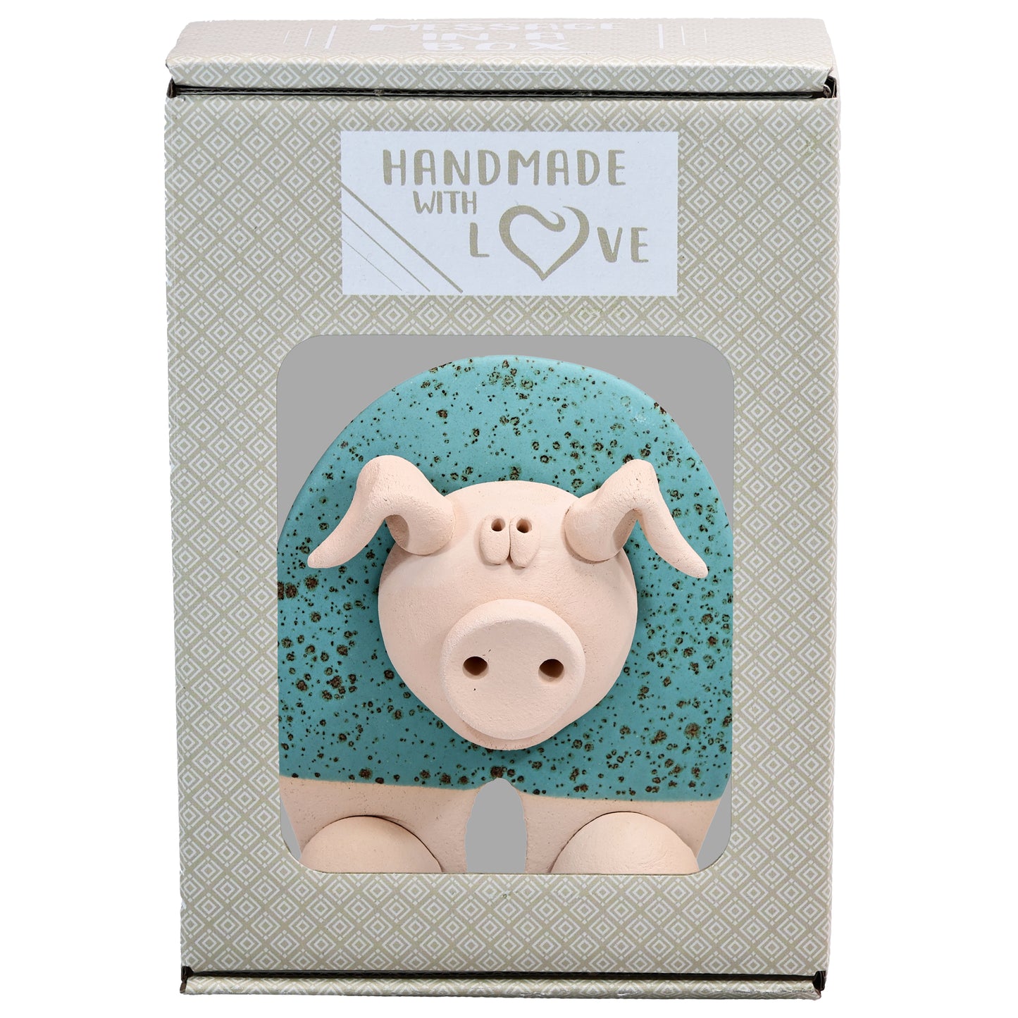 Handmade Ceramic Flat Pig Figurine in Turquoise, Pink, Terracotta Orange