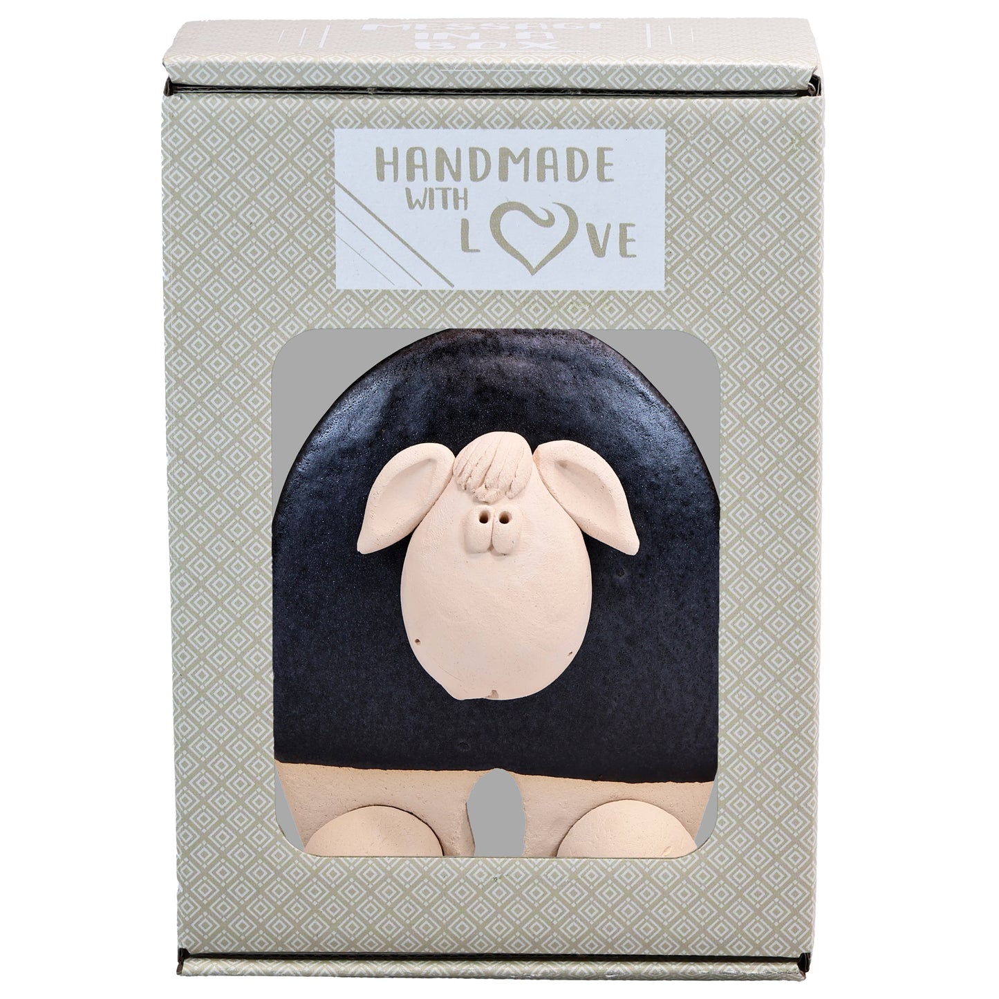 Handmade Ceramic Flat Sheep Figurine in Black, Pink, White Daisy Accent