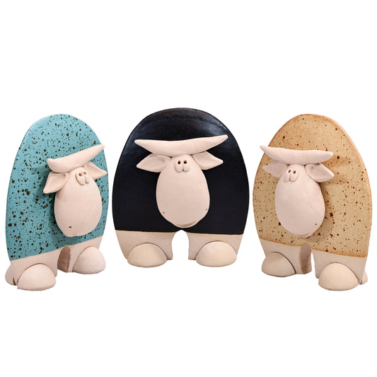 Handmade Ceramic Flat Cow Figurine in Black, Turquoise, Terracotta Orange