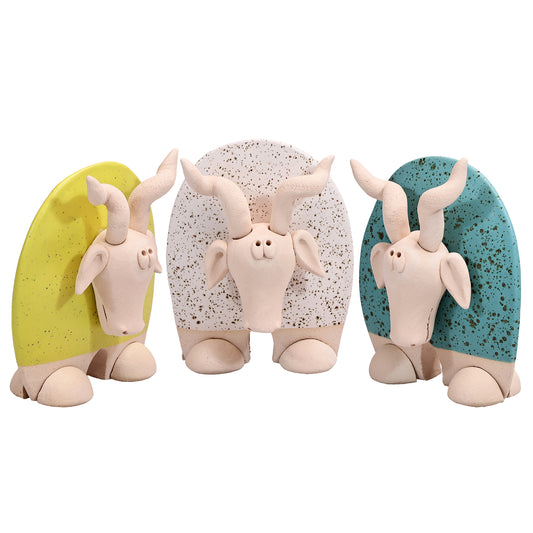 Handmade Ceramic Flat Goat Figurine in Turquoise, Lemon Yellow, White Daisy