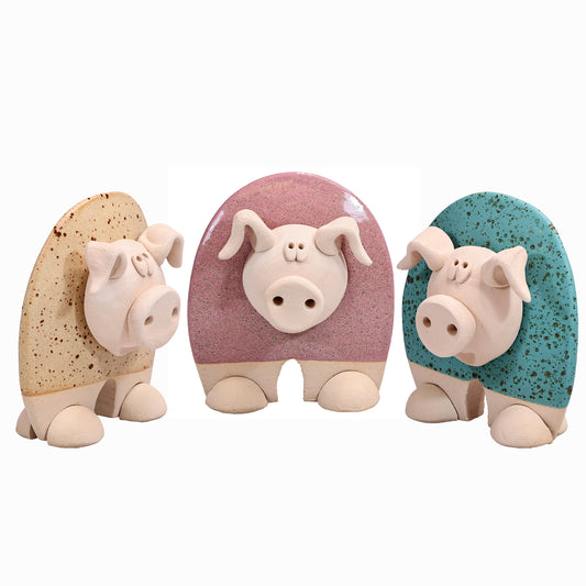 Handmade Ceramic Flat Pig Figurine in Turquoise, Pink, Terracotta Orange