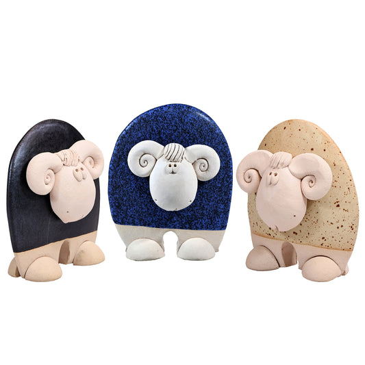 Handmade Ceramic Ram Figurine in Black, Navy Blue, Terracotta Orange