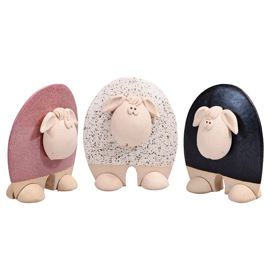Handmade Ceramic Flat Sheep Figurine in Black, Pink, White Daisy Accent