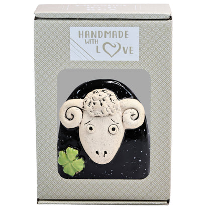Charming Ceramic Ram with Four-Leaf Clover