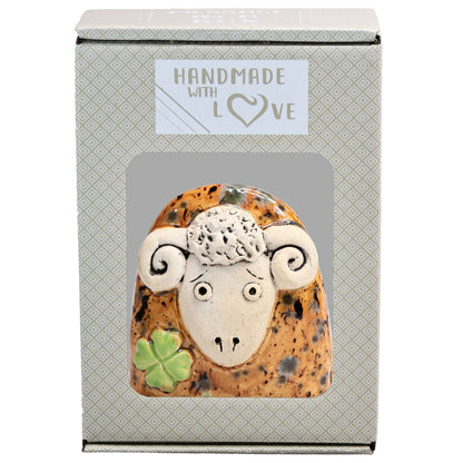 Charming Ceramic Ram with Four-Leaf Clover