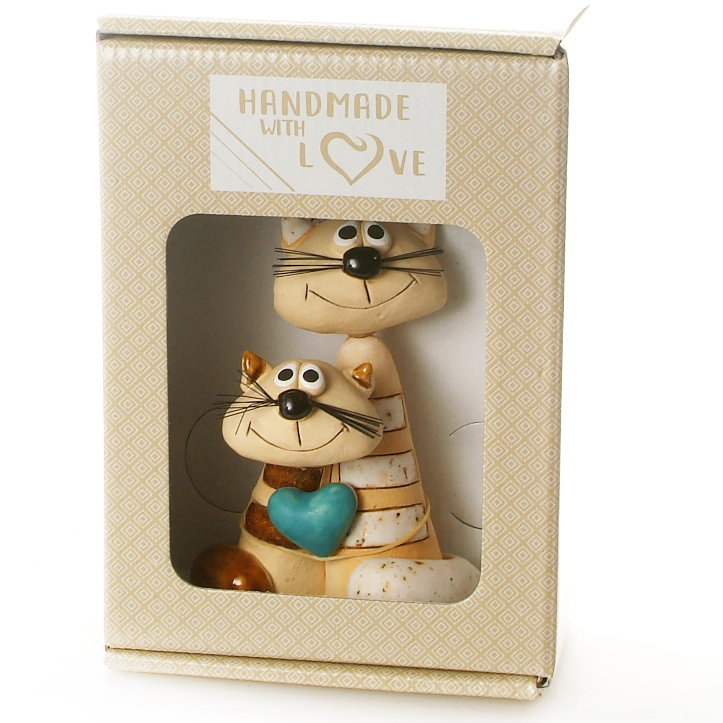 Handmade Ceramic Brown & White Stripey Cat Couple with Turquoise Heart