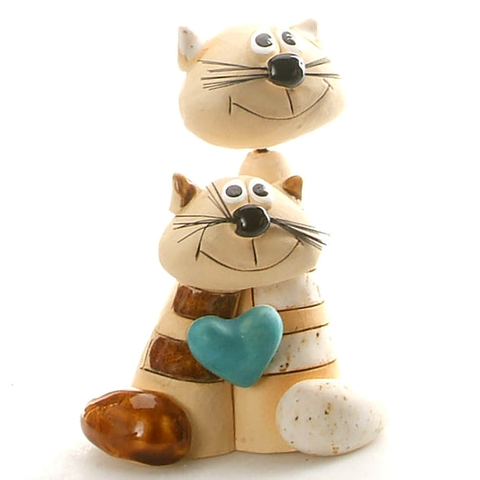 Handmade Ceramic Brown & White Stripey Cat Couple with Turquoise Heart