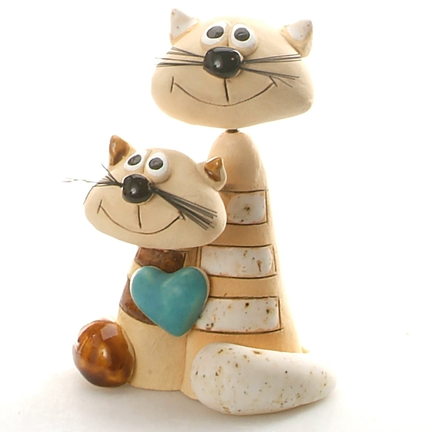 Handmade Ceramic Brown & White Stripey Cat Couple with Turquoise Heart