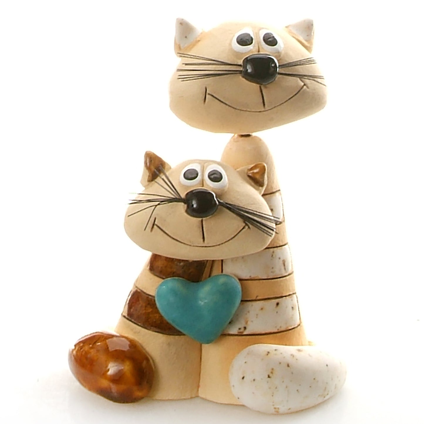 Handmade Ceramic Brown & White Stripey Cat Couple with Turquoise Heart