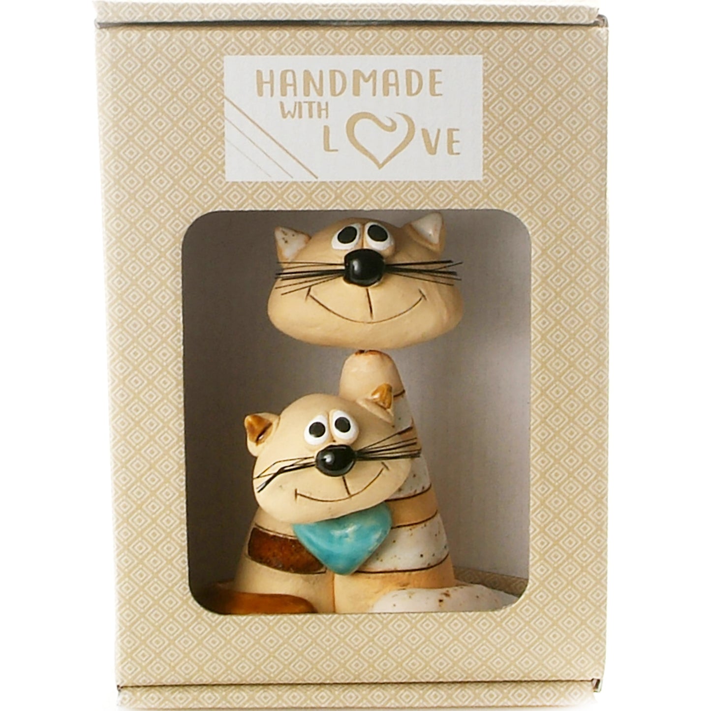 Handmade Ceramic Brown & White Stripey Cat Couple with Turquoise Heart