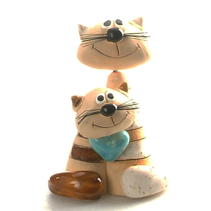 Handmade Ceramic Brown & White Stripey Cat Couple with Turquoise Heart