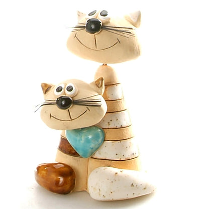 Handmade Ceramic Brown & White Stripey Cat Couple with Turquoise Heart