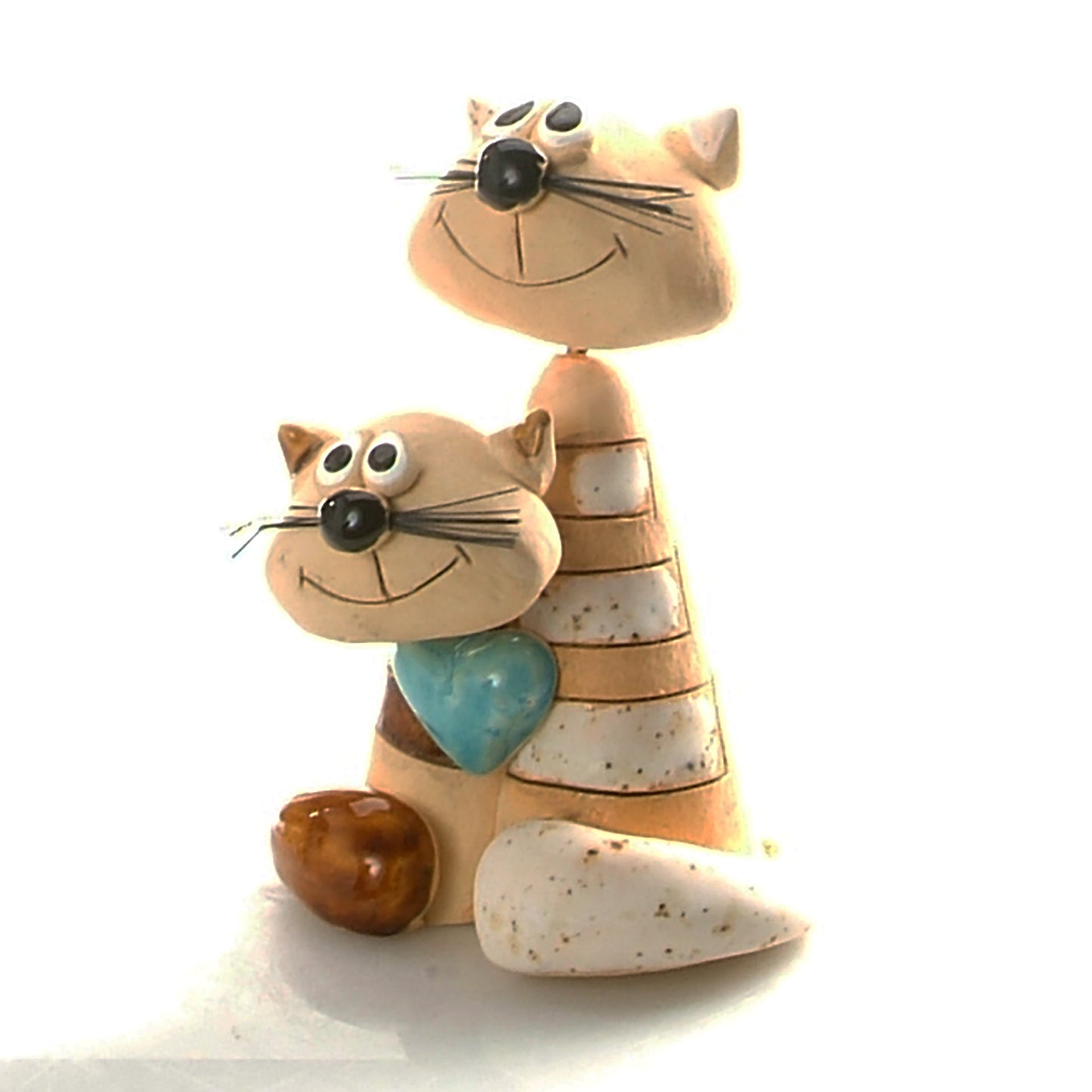 Handmade Ceramic Brown & White Stripey Cat Couple with Turquoise Heart