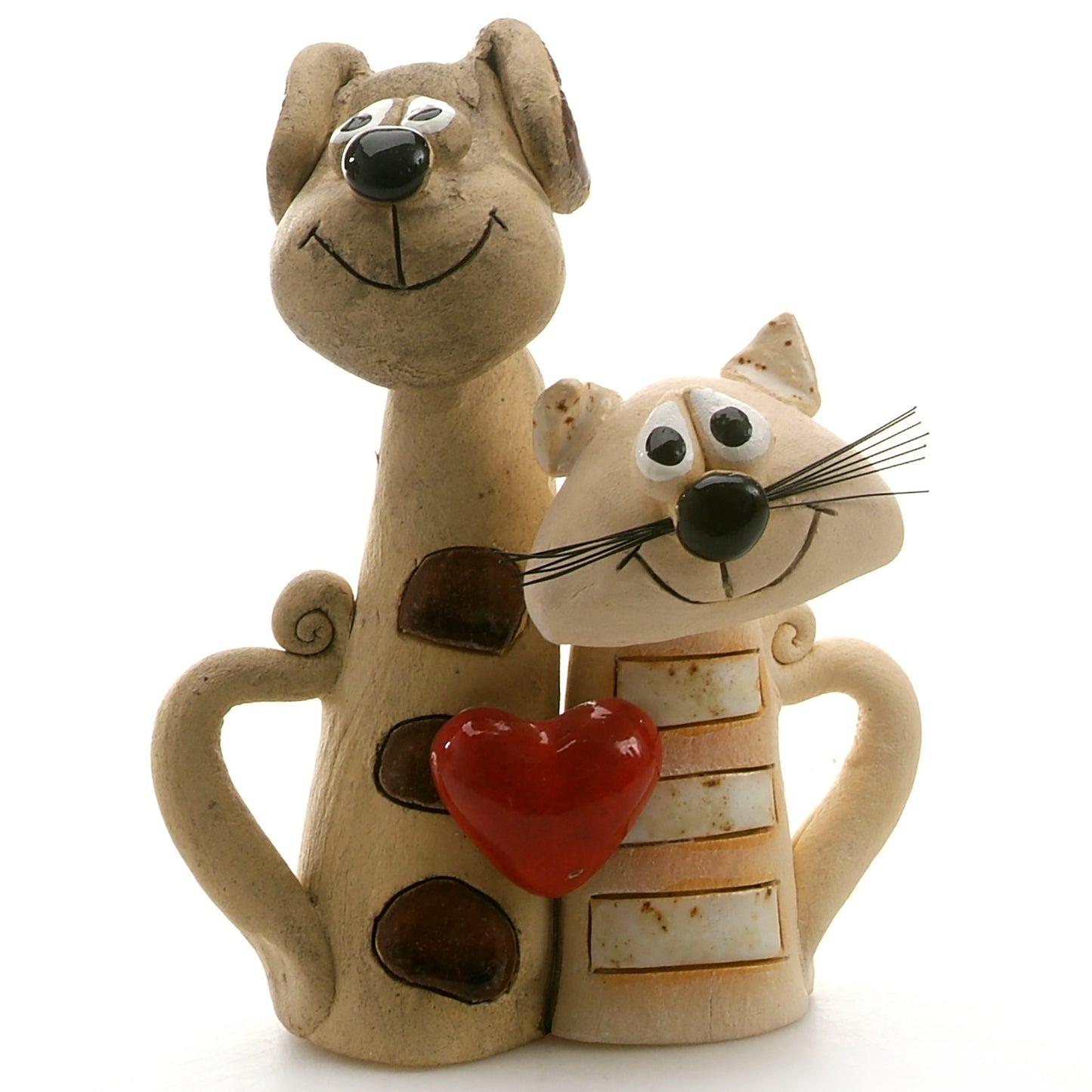 Handmade Ceramic Black Patchy Dog with White Stripy Cat Couple with Red Heart