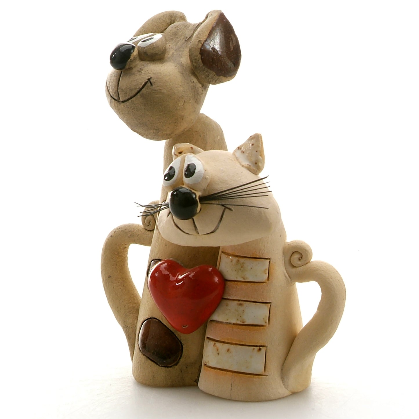 Handmade Ceramic Black Patchy Dog with White Stripy Cat Couple with Red Heart