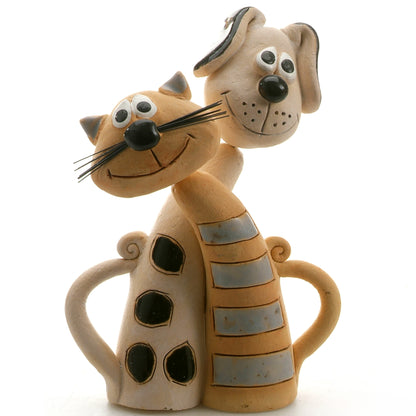 Handmade Ceramic Black Spotty Dog & Grey Stripy Cat Pair