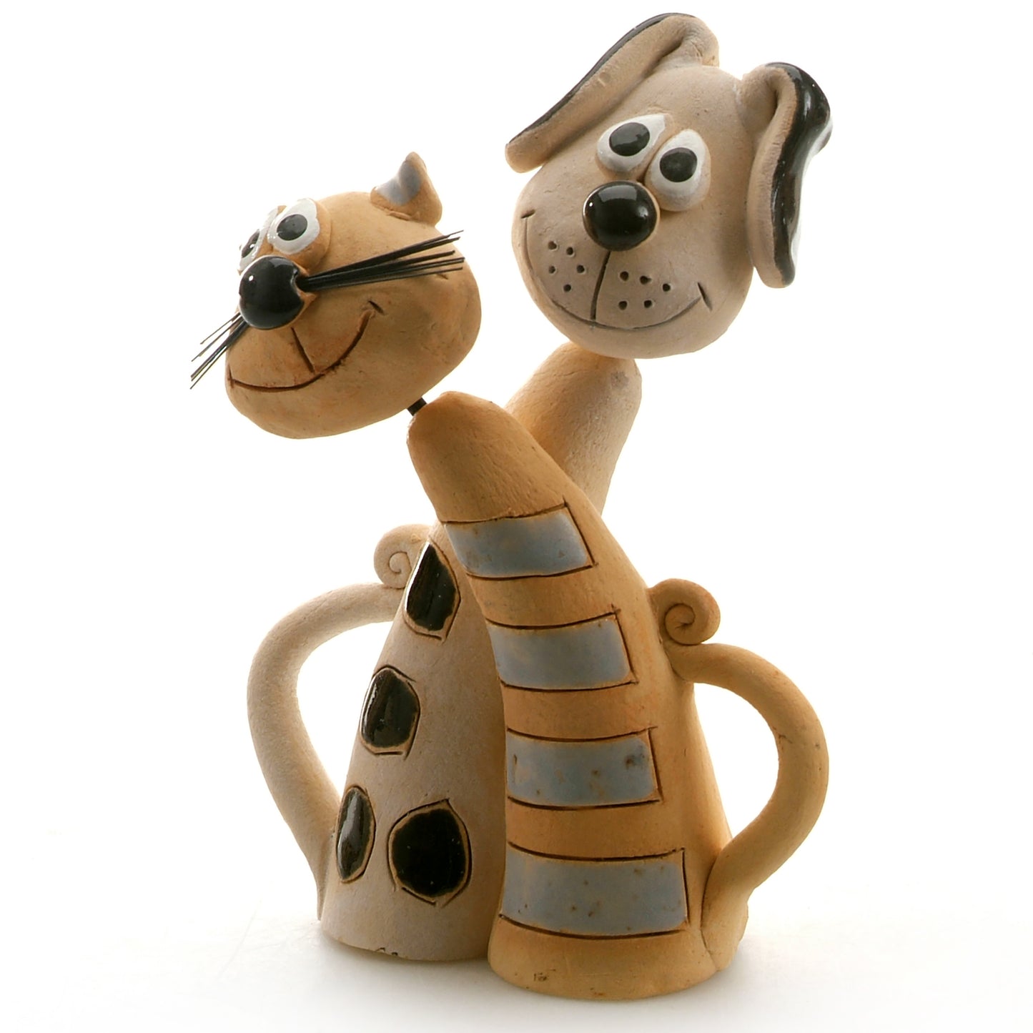 Handmade Ceramic Black Spotty Dog & Grey Stripy Cat Pair