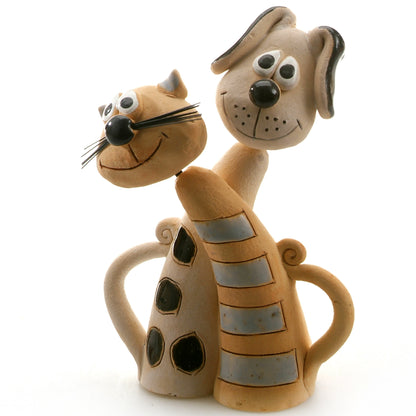 Handmade Ceramic Black Spotty Dog & Grey Stripy Cat Pair