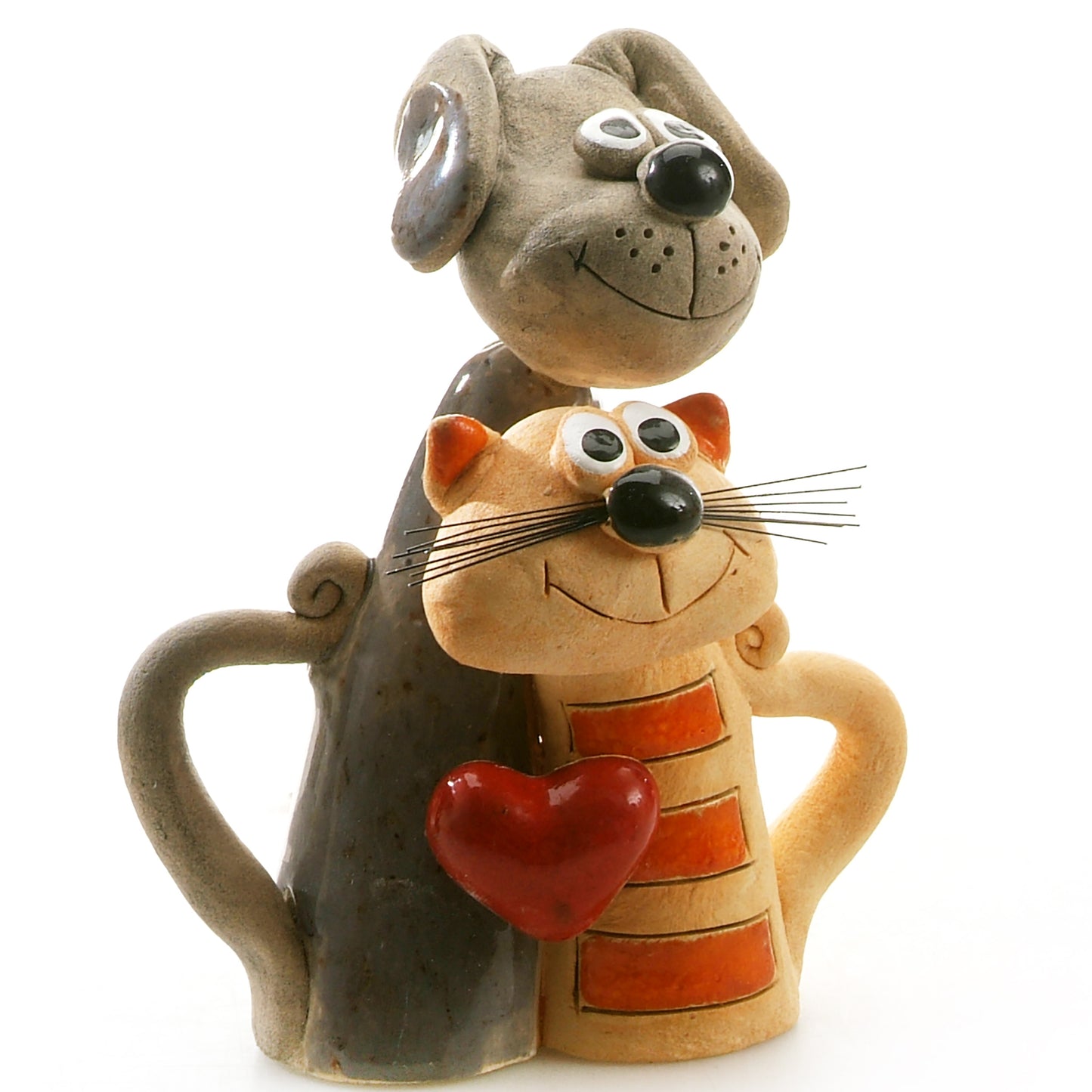 Handmade Ceramic Grey Dog & Ginger Stripy Cat Couple with Red Heart