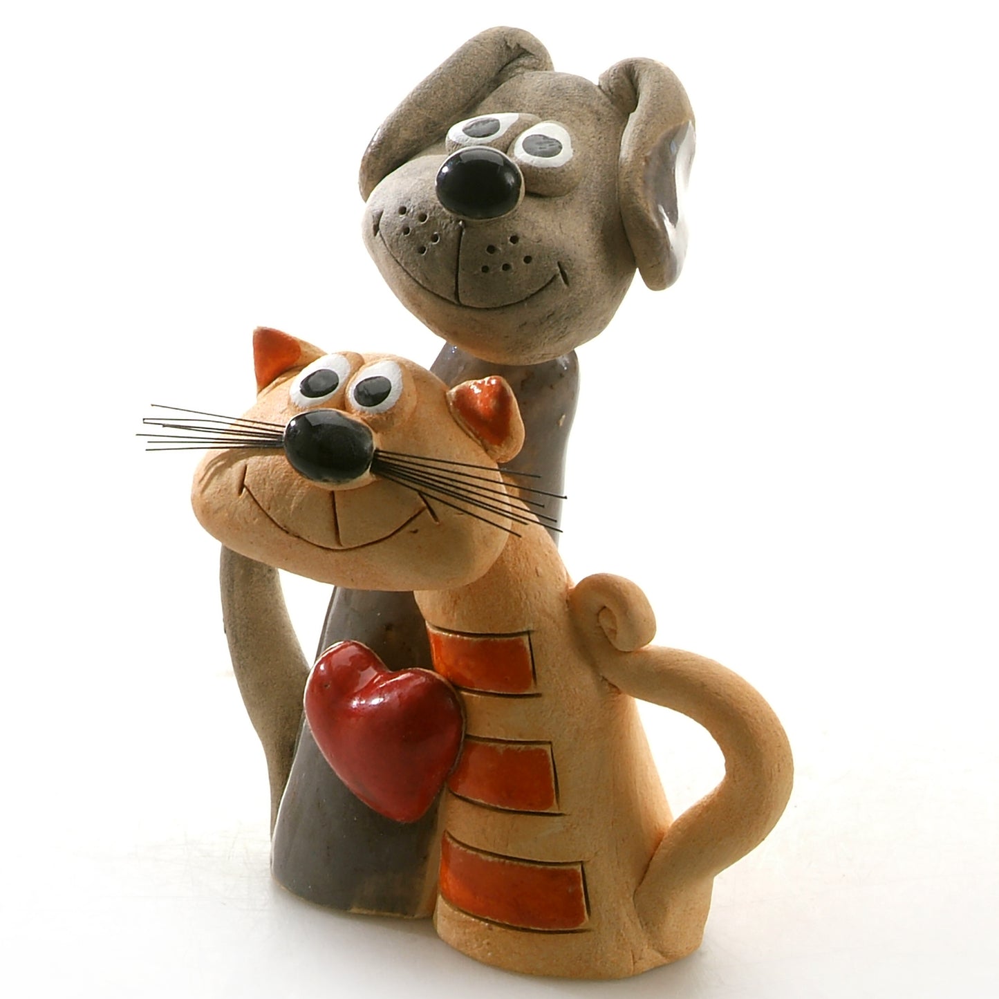 Handmade Ceramic Grey Dog & Ginger Stripy Cat Couple with Red Heart