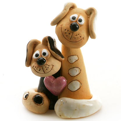 Handmade Ceramic Black & White Patchy Dog Couple with Pink Heart